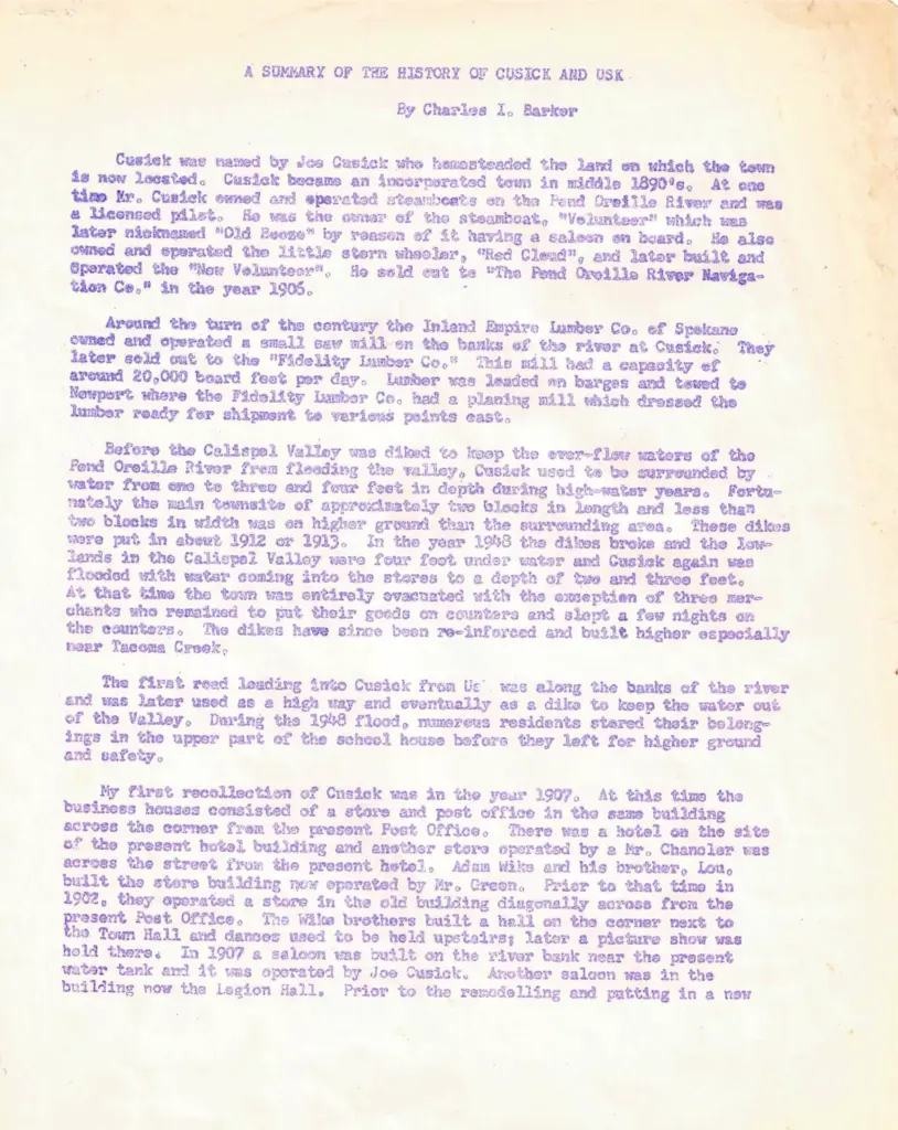 A Summary of the History of Cusick and Usk, page one