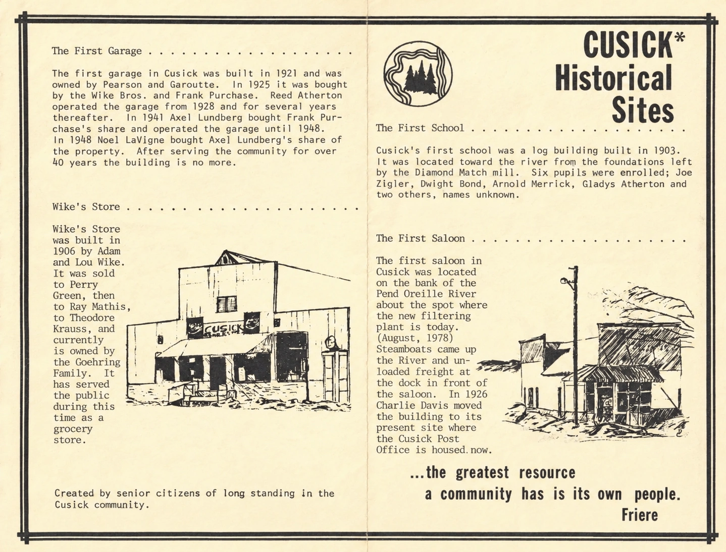 An illustrated historical leaflet describing Cusick’s early buildings